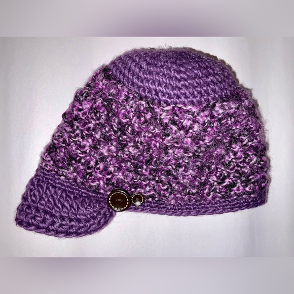 Turtle Fur Newsboy hat in purple crochet with button accents for adults - Picture 6 of 7